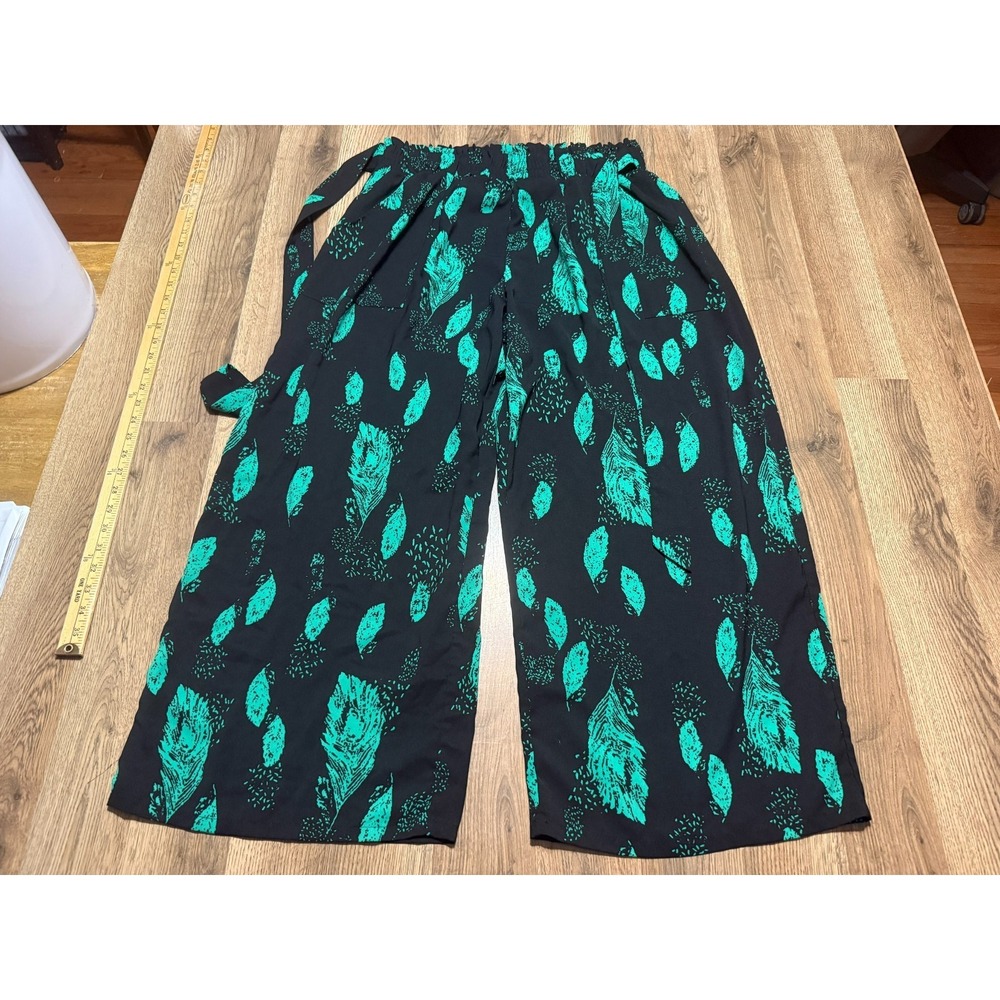 Cueply Pants Women's Size 2X Green Black Pull On Elastic Waist Tie Stretch